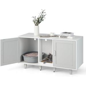 Giantex Cat Litter Box Enclosure – Cat Washroom Hidden Furniture, 2 Storage Cabinets, Removable Cat Scratcher, Air Vents, Detachable Legs, Wood Pet Crate Indoor Cat House TV Stand (Rustic Brown)(Light Gray & White)