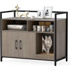 Giantex Cat Litter Box Enclosure – Cat Washroom Hidden Furniture with Front Entry, Scratcher, 2-Door Storage Cabinet, 2 Compartments, Air Vents, Metal Frame, Wooden Pet Crate House (Black)(Oak Gray)
