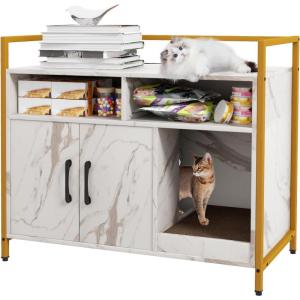Giantex Cat Litter Box Enclosure – Cat Washroom Hidden Furniture with Front Entry, Scratcher, 2-Door Storage Cabinet, 2 Compartments, Air Vents, Metal Frame, Wooden Pet Crate House (Black)(Marble White)