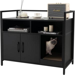 Giantex Cat Litter Box Enclosure – Cat Washroom Hidden Furniture with Front Entry, Scratcher, 2-Door Storage Cabinet, 2 Compartments, Air Vents, Metal Frame, Wooden Pet Crate House (Black)(Black)