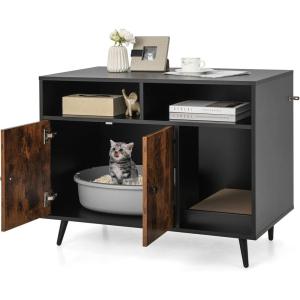 Giantex Cat Litter Box Enclosure – Wooden Washroom with Storage, Scratcher, Winding Entry, Metal Legs, Large Pet Crate Cat House Hidden Furniture (Black & Rustic Brown)(Black & Rustic Brown)
