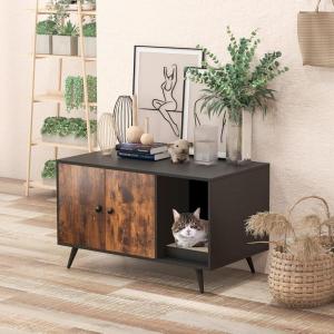 Giantex Cat Litter Box Enclosure, Hidden Cat Washroom Furniture, 2-Door Cabinet, Front Entry, 3 Vent Holes, Cat Scratching Pad, Wooden Pet House Crate End Table for Living Room (Black & Rustic Brown)(Black & Rustic Brown)