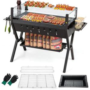 Giantex Charcoal Grill with Transparent Glass Wind Guard, Heavy Duty BBQ Grill Campfire Pit, Fire Bowl, Side Spice Racks, Bottom Storage Shelf, for Outdoor Cooking Backyard Barbecue Party