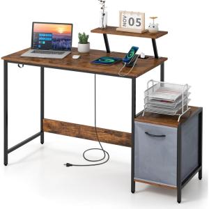 Giantex Computer Desk with Drawer and Power Outlet, Home Office Desk with Reversible Storage Drawer & Raised Shelf, Computer Workstation with Hook, Industrial Study Writing Desk for Study, Bedroom
