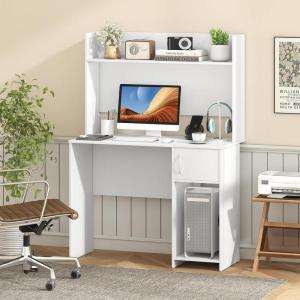 Giantex Computer Desk with Hutch, Home Office Desk with Storage Cabinet & Adjustable Shelf, 2 Cable Holes, Modern Laptop PC Desk Computer Workstation for Working, Study Writing Desk for Bedroom, Gray(White)