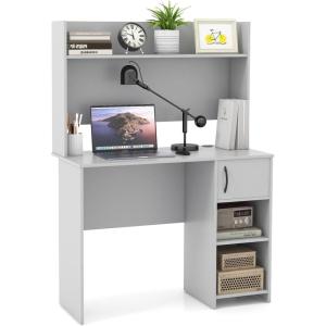 Giantex Computer Desk with Hutch, Home Office Desk with Storage Cabinet & Adjustable Shelf, 2 Cable Holes, Modern Laptop PC Desk Computer Workstation for Working, Study Writing Desk for Bedroom, Gray(Grey)