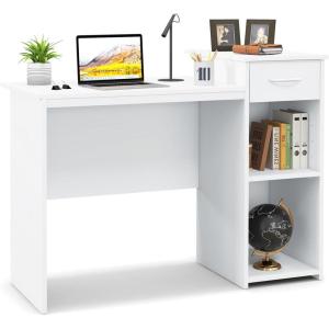 Giantex Computer Desk with Storage, Modern PC Laptop Table with Printer Shelf, Drawer, CPU Stand & Cable Hole, Compact Study Writing Desk Workstation for Small Spaces Home Office, White