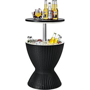 Giantex Cool Bar Table, 8 Gallon Beer and Wine Cooler, Rattan Style Patio Bar Tables, Height Adjustable, 3-in-1 Ice Cooler with Drainage Plug, Outdoor Cocktail Table for Deck Pool Party (Taupe)(Black)