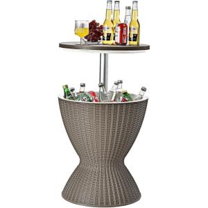 Giantex Cool Bar Table, 8 Gallon Beer and Wine Cooler, Rattan Style Patio Bar Tables, Height Adjustable, 3-in-1 Ice Cooler with Drainage Plug, Outdoor Cocktail Table for Deck Pool Party (Taupe)(Taupe)