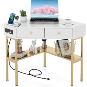 Giantex Corner Desk with Charging Station, 90 Degree Triangle Computer Desk with 2 Drawers & Storage Shelf, L-Shaped Writing Desk Makeup Vanity Table, Compact Corner Desk for Small Spaces (Black)(Gold)