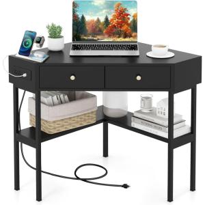 Giantex Corner Desk with Charging Station, 90 Degree Triangle Computer Desk with 2 Drawers & Storage Shelf, L-Shaped Writing Desk Makeup Vanity Table, Compact Corner Desk for Small Spaces (Black)(Black)