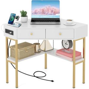 Giantex Corner Desk with Charging Station, 90 Degree Triangle Computer Desk with 2 Drawers & Storage Shelf, L-Shaped Writing Desk Makeup Vanity Table, Compact Corner Desk for Small Spaces (Black)(White)