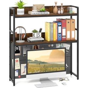 Giantex Desktop Bookshelf, 2-Tier Desk Hutch Dorm with Pegboard for up to 32″ Computer Monitor, Industrial Countertop Storage Organizer Rack, Desk Shelf for Home Office, Rustic Brown