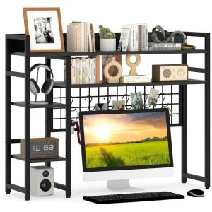Giantex Desktop Bookshelf, 37″ Desk Shelf for Up to 32″ Computer Monitors, 4 Tier Desktop Display Shelves with Grid Panel, 6 Movable Hooks, Anti-tip Device, Desk Hutch for Home Office Dorm (Black)(Black)