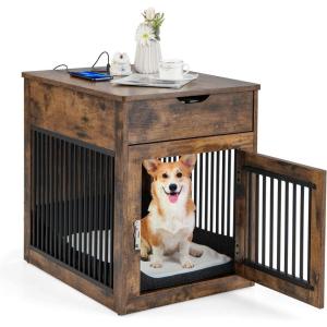 Giantex Dog Crate Furniture, Dog Kennel End Table with Chew-Proof Metal Fence, Lockable Door, Storage Drawer, Wired and Wireless Charging, Wooden Pet Cage Side Table Indoor (Rustic Brown)(Rustic Brown)