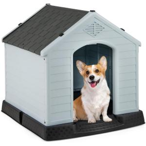 Giantex Dog House for Small Dogs, Waterproof Plastic Dog Houses with Air Vents and Elevated Floor, Easy to Assemble, Outdoor Cat Feeding Station Indoor Patio Backyard Dog Kennel House(Gray)