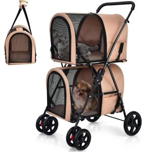 Giantex Double Pet Stroller with 2 Detachable Carrier Bags, Safety Belt, 4 Lockable Wheels, Folding Cat & Dog Stroller for Small Medium Pets, Cats Dogs Puppy Travel Strolling Cart (Beige)(Beige)