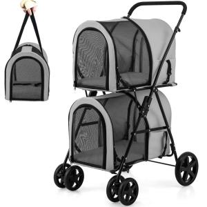 Giantex Double Pet Stroller with 2 Detachable Carrier Bags, Safety Belt, 4 Lockable Wheels, Folding Cat & Dog Stroller for Small Medium Pets, Cats Dogs Puppy Travel Strolling Cart (Beige)(Gray)