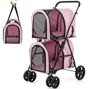 Giantex Double Pet Stroller with 2 Detachable Carrier Bags, Safety Belt, 4 Lockable Wheels, Folding Cat & Dog Stroller for Small Medium Pets, Cats Dogs Puppy Travel Strolling Cart (Beige)(Pink)