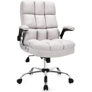 Giantex Executive Office Chair, Big and Tall Ergonomic Computer Chair, Adjustable Tilt Angle and Flip-up Armrest Linen Fabric Upholstered Chair with Thick Padding, High Back Managerial Chair (Grey)(Beige)