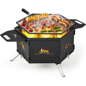 Giantex Fire Pit Grill, Outdoor Fire Pit with Removable 360° Swivel Cooking Grate, Collapsible Fire Bowl, Foldable Legs, Wood Burning BBQ Fireplaces Campfire Grill for Backyard Patio Picnic