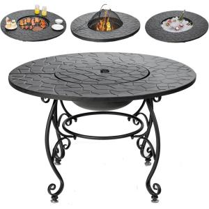 Giantex Fire Pit Table 4-in-1 Outdoor Dining Table, 36 Inch Multifunctional Metal Round Patio Table, Wood Burning Fire Pits with Cover, Grill Grate, Poker for Garden, Poolside, Backyard Fireplace