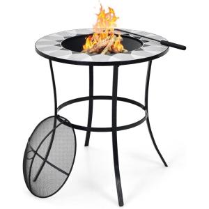 Giantex Fire Pit Table, Outdoor Fire Pit with Mesh Cover, Fire Poker, Tile Tabletop, Round Wood Burning Fire Table for Outside, Patio, Backyard, Garden, Camping 23.5 Inch Small Fire Pit