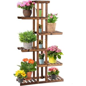 Giantex Flower Rack Wood Plant Stand 7 Wood Shelves 11 Pots Bonsai Display Shelf Indoor Outdoor Yard Garden Patio Balcony Living Room Multifunctional Storage Rack Bookshelf W/Hollow-Out Rack