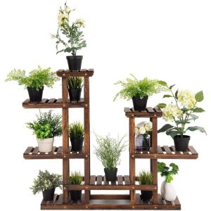 Giantex Flower Rack Wood Plant Stand 7 Wood Shelves 13 Pots Bonsai Display Shelf Indoor Outdoor Yard Garden Patio Balcony Living Room Multifunctional Storage Rack Bookshelf W/Hollow-Out Rack(Brown)