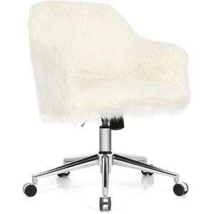 Giantex Fluffy Desk Chair, Comfy Faux Fur Vanity Chair with Wheals and Height Adjustable, Cute Fuzzy Makeup Chair for Girls Women, Modern Swivel Arm Chair for Bedroom Home Office, Beige(Beige)