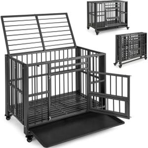 Giantex Foldable Metal Dog Crate – Heavy Duty Dog Cage with Top and Front Doors, Feeding Access, Removable Tray, Lockable Wheels, Chew Proof Dog Kennel Indoor Outdoor, 37”L x 23”W x 30”H, Black