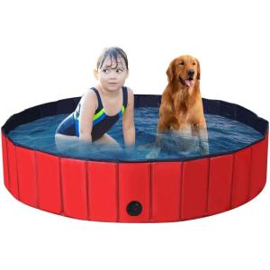 Giantex Foldable Pet Swimming Pool Dog Bath Pool with Anti-Slip Bottom, Portable PVC Pets Bathing Tub Kiddie Pools for Dogs Cats Kids, Easy to Drain, Collapsible Dog Pet Pool (XL-55inch, Red)