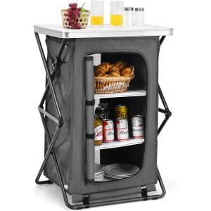 Giantex Folding Camping Storage Cabinet with 3 Shelves and Carry Bag, Portable Outdoor Organizer Kitchen Table, Quick Set-up for BBQ, Picnic, Backyard, Compact Pop-Up Cupboard, 35”H(Grey)