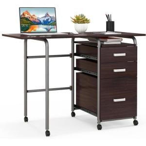 Giantex Folding Desk for Small Space, Rolling Home Office Desk with 3 Drawers & Lockable Universal Wheels, Mobile Study Writing Desk for Dorm Apartment Bedroom, Brown(Brown)