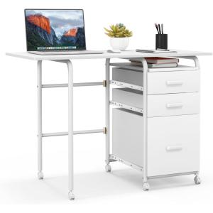 Giantex Folding Desk for Small Space, Rolling Home Office Desk with 3 Drawers & Lockable Universal Wheels, Mobile Study Writing Desk for Dorm Apartment Bedroom, Brown(White)
