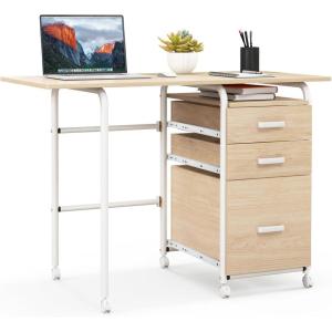 Giantex Folding Desk for Small Space, Rolling Home Office Desk with 3 Drawers & Lockable Universal Wheels, Mobile Study Writing Desk for Dorm Apartment Bedroom, Brown(Natural)