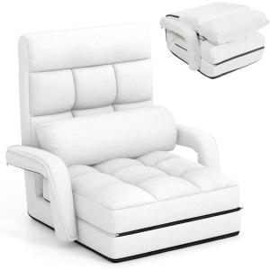 Giantex Folding Floor Chair with 6-Position Adjustable Backrest, Armrests & Removable Pillow, 330Lbs Capacity, Indoor Lazy Sofa Armchair, Chaise Lounger Bed, Gaming Recliner for Living Room Bedroom(White)