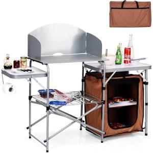 Giantex Folding Grill Table with 26” Tabletop and Detachable Windscreen, Aluminum Portable Camp Cook Station Carry Bag Quick Set-up, BBQ Camping Picnic Backyard Outdoor Camping Kitchen Table (Grey)(Brown)