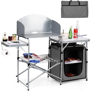 Giantex Folding Grill Table with 26” Tabletop and Detachable Windscreen, Aluminum Portable Camp Cook Station Carry Bag Quick Set-up, BBQ Camping Picnic Backyard Outdoor Camping Kitchen Table (Grey)(Grey)