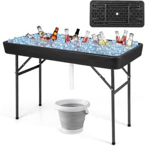 Giantex Folding Ice Table with Drain, 4 ft Portable Cooler with Removable Skirt, No Assembly, Fill and Chill Table for Food Drink Beverage, Foldable Party Ice Bin for Camping BBQ Outdoor, White(Black)