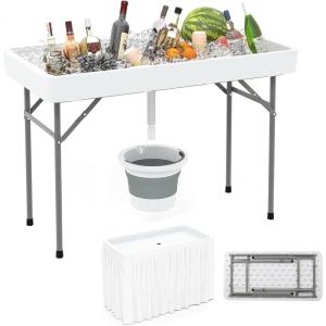Giantex Folding Ice Table with Drain, 4 ft Portable Cooler with Removable Skirt, No Assembly, Fill and Chill Table for Food Drink Beverage, Foldable Party Ice Bin for Camping BBQ Outdoor, White(White)