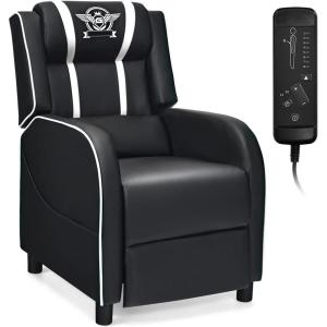 Giantex Gaming Recliner Chair, Adjustable Massage Gaming Chairs for Adults, Ergonomic Comfortable Lounge Leather Sofa w/Footrest, Remote Control & Side Pocket, Racing Style Single Sofa Recliners, Red(White)