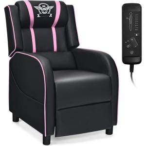 Giantex Gaming Recliner Chair, Adjustable Massage Gaming Chairs for Adults, Ergonomic Comfortable Lounge Leather Sofa w/Footrest, Remote Control & Side Pocket, Racing Style Single Sofa Recliners, Red(Pink)