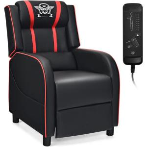 Giantex Gaming Recliner Chair, Adjustable Massage Gaming Chairs for Adults, Ergonomic Comfortable Lounge Leather Sofa w/Footrest, Remote Control & Side Pocket, Racing Style Single Sofa Recliners, Red(Red)