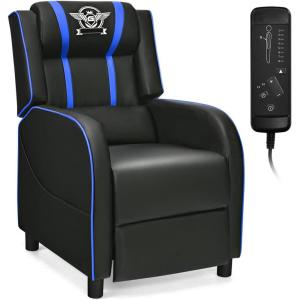 Giantex Gaming Recliner Chair, Adjustable Massage Gaming Chairs for Adults, Ergonomic Comfortable Lounge Leather Sofa w/Footrest, Remote Control & Side Pocket, Racing Style Single Sofa Recliners, Red(Blue)