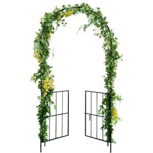 Giantex Garden Arbor Trellis with Door, 7.5FT Metal Garden Arch with Gate and Stakes for Climbing Plants Rose Vine, Arbors and Trellises Pergola for Lawn Patio Wedding Bridal Party Decoration