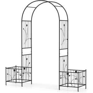 Giantex Garden Arbor with Gate, 7.5FT Metal Arch Trellis for Climbing Plants Rose Ivy, Archway Pergola with Flower Door, 4 Stakes, Garden Arch for Wedding Ceremony Bridal Party Decoration(Planters)