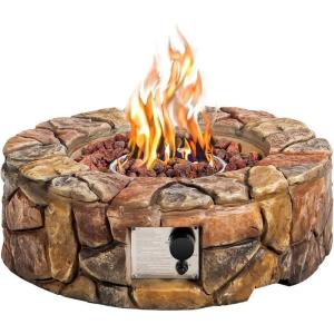 Giantex Gas Fire Pit, 28 Inch 40,000 BTU Propane Fire Pit Outdoor w/Natural Stone, Cover, ETL Certification, Stainless-Steel Gas Burner w/Electronic Ignition Lava Rock (Brown)(Brown)