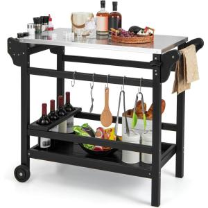 Giantex Grill Cart Pizza Oven Stand, HDPE Outdoor Prep Table, Stainless Steel Top, Storage Shelf, 4-Bottle Wine Rack, 5 Hooks, Movable Dinning Cart Cooking Table with Wheels for BBQ Party Camping