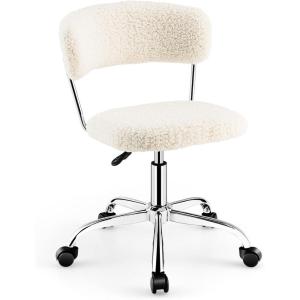 Giantex Home Office Chair, Faux Fur Low Back Swivel Leisure Chair w/Height Adjustable Padded Seat, Rolling Armless Vanity Chair w/Galvanized Steel Frame for Bedroom Study Guest Room, White(White)